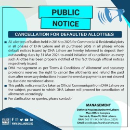 Cancellation for defaulted Allottees DHA Lahore